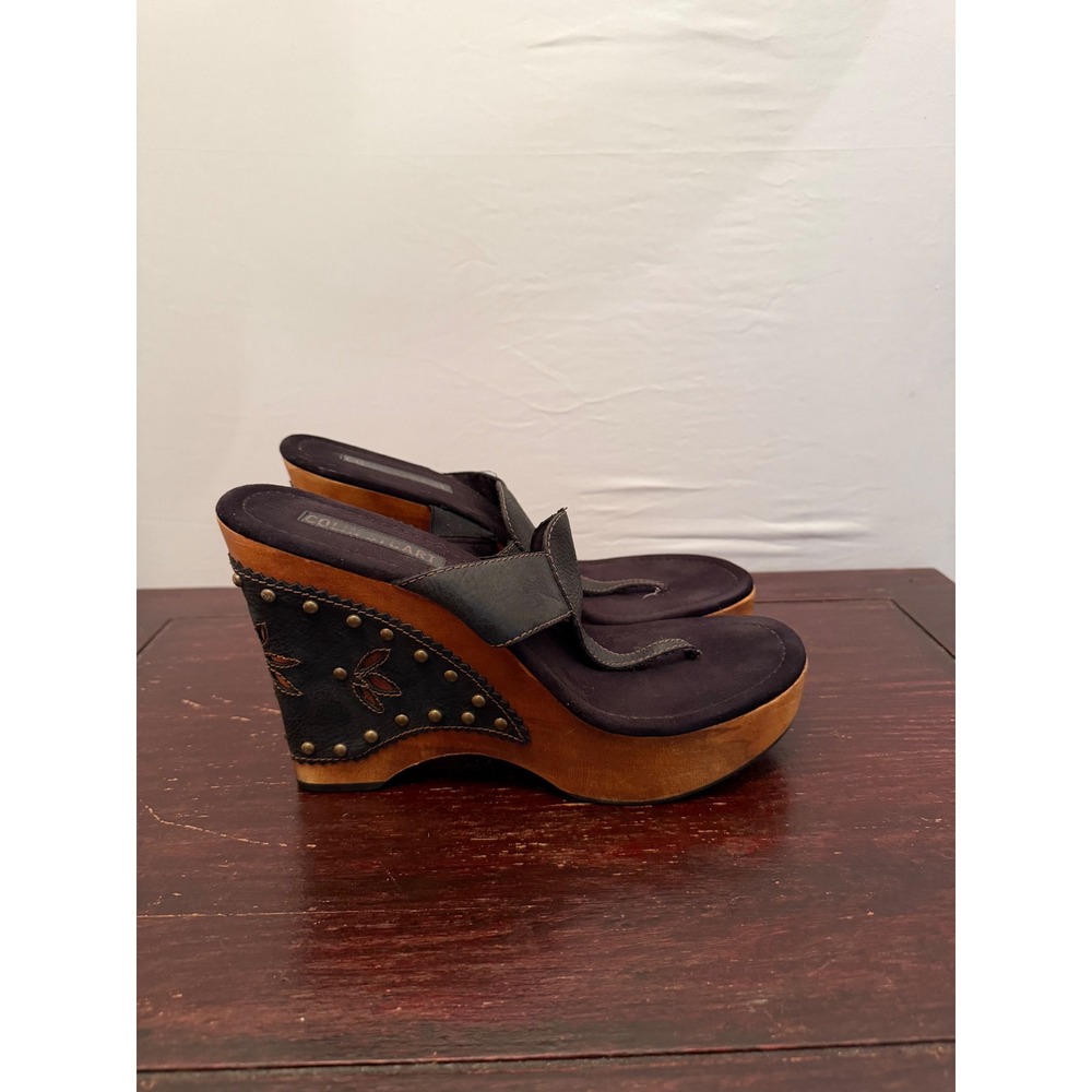 Y2K Colin Stuart Wedge Sandals Boho Wood Platform Brown Leather Women Size 11
